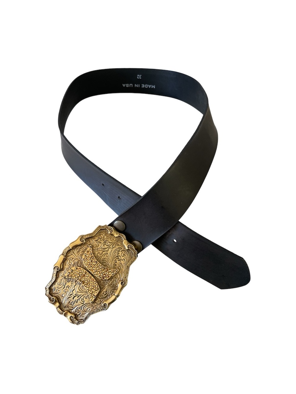 Ornate Gold Rhinestone Buckle Thick Black Belt Size 32